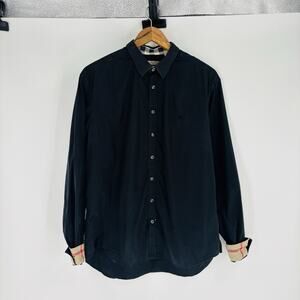 Burberry Shirt Mens XL Black Button Down Nova Check Cuffs Plaid Trim Portugal